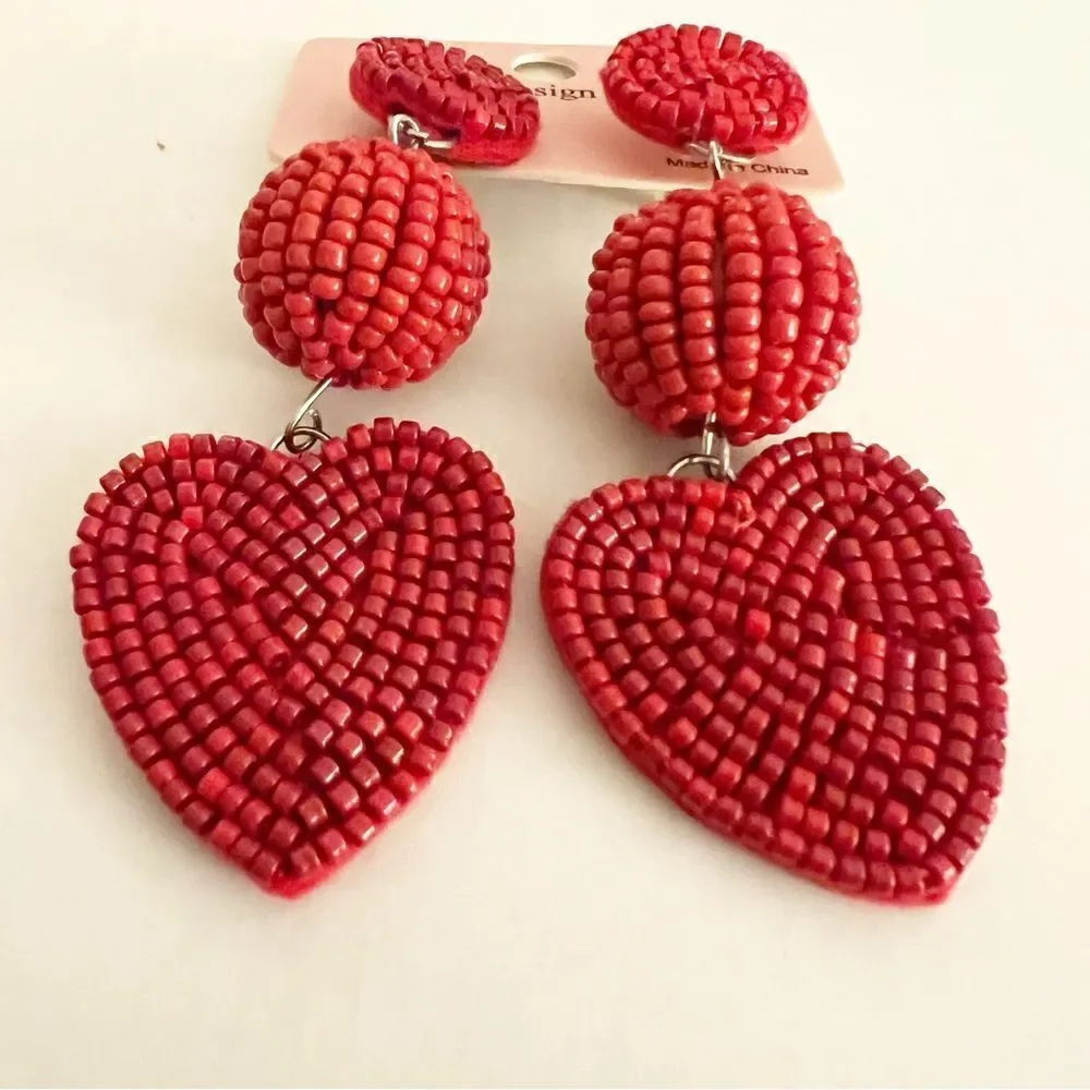 Bohemian Beaded Heart Dangle Earrings, Red